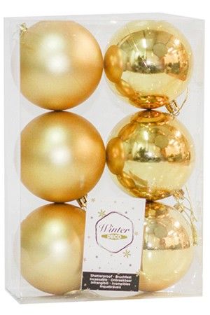 Набор однотонных пластиковых шаров, глянцевые и матовые, золотые, 80 мм, упаковка 6 шт., Winter Decoration