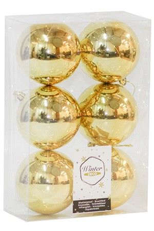 Набор однотонных пластиковых шаров, глянцевые, золотые, 80 мм, упаковка 6 шт., Winter Deco