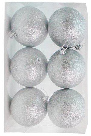 Набор однотонных пластиковых шаров, глиттер, серебряные, 80 мм, упаковка 6 шт., Winter Deco