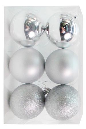 Набор однотонных пластиковых шаров, МИКС, серебряные, 80 мм, упаковка 6 шт., Winter Decoration