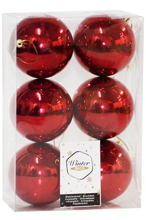 Набор однотонных пластиковых шаров, глянцевые, красные, 80 мм, упаковка 6 шт., Winter Deco