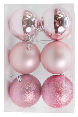 Набор однотонных пластиковых шаров, МИКС, светло розовые, 80 мм, упаковка 6 шт., Winter Decoration