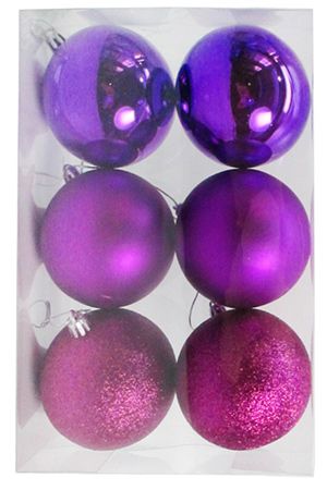 Набор однотонных пластиковых шаров, МИКС, фиолетовые, 80 мм, упаковка 6 шт., Winter Deco