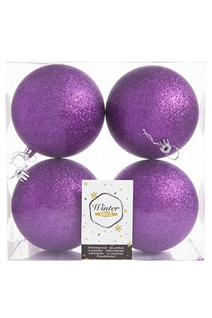 Набор однотонных пластиковых шаров, глиттер, фиолетовые, 100 мм, упаковка 4 шт., Winter Decoration