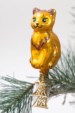 Стеклянная ёлочная игрушка КОТИК ШАЛУНИШКА, на клипсе, золотой, 60 мм, Елочка