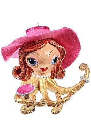 Елочная игрушка ЛЕДИ-ОСЬМИНОЖКА в розовой шляпе, полистоун, 10 см, Goodwill