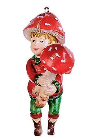 Елочная игрушка ЭЛЬФ- МУХОМОРЧИК с грибом в руках, полистоун, 10 см, подвеска, Goodwill