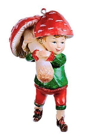 Елочная игрушка ЭЛЬФ- МУХОМОРЧИК с грибом на плече, полистоун, 10 см, подвеска, Goodwill