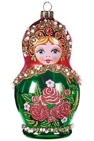 Стеклянная елочная игрушка МАТРЕШКА С ЖЕМЧУГАМИ в сарафане с розами, 12 см, подвеска, Goodwill