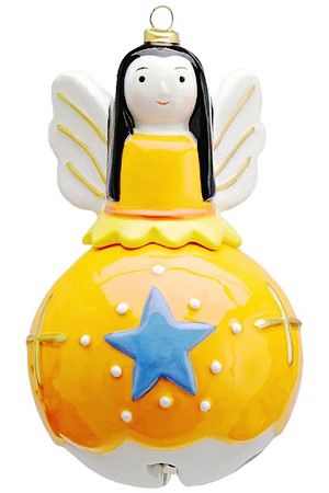 Ёлочная игрушка колокольчик - НЕБЕСНЫЙ ВЕСТНИК, жёлтый, керамика, 12 см, подвеска, EDG