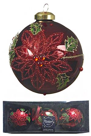 Набор стеклянных шаров ВОЛШЕБНЫЕ ПУАНСЕТТИИ, бордовый, 8 см (упаковка 3 шт.), Kaemingk (Decoris)
