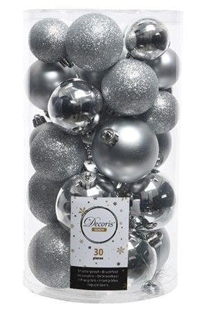 Набор пластиковых шаров SCINTILLA  (матовые, глянцевые, глиттер), цвет: серебряный, 40-60 мм, упаковка 30 шт., Winter Deco