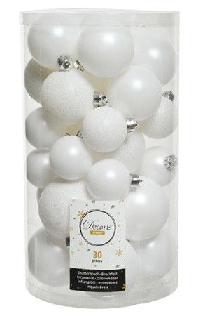 Набор пластиковых шаров SCINTILLA  (матовые, глянцевые, глиттер), цвет: белый, 60-30 мм, упаковка 30 шт., Kaemingk/Winter Deco