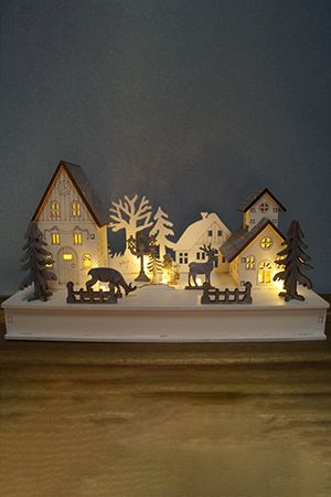 Новогодний светильник ОЛЕНИ В ГОСТЯХ У СНЕГОВИКА, дерево, 8 теплых белых LED-огней, 28х15 см, STAR trading