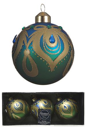 Набор стеклянных шаров ВОСТОЧНЫЙ ТАНЕЦ, сине-зеленый, 8 см, упаковка 3 шт., Kaemingk