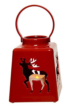 Новогодний фонарик со свечой В ПОИСКАХ ЧУДЕС с оленями, пластик, красный, 14 см, батарейки, Kaemingk