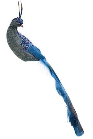 Декоративное украшение ПАВЛИН - ВЛАСТИТЕЛЬ ВЕЧЕРНЕГО САДА на клипсе, перо, пластик, тёмно-голубой, 42 см, Kaemingk