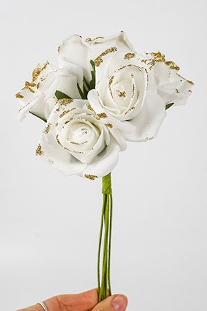 Искусственные розы для декора BOUQUET DE CHARME, белые с золотым, 6х18 см, 7 шт., 4 SEASONS