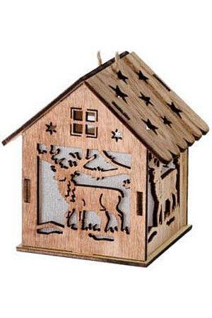 Светящаяся елочная игрушка ВОЛШЕБНАЯ ИЗБУШКА С ОЛЕНЯМИ, дерево, 9 см, на батарейках, Koopman International