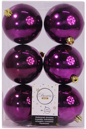 Набор однотонных пластиковых шаров глянцевых, цвет: фиолетовый, 80 мм, упаковка 6 шт., 2 сорт, Kaemingk