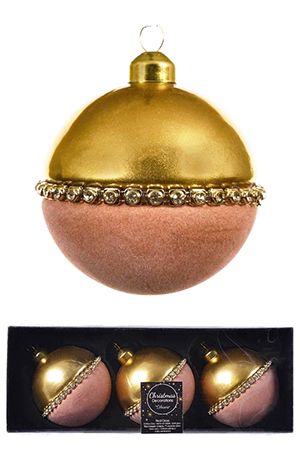 Набор стеклянных шаров ДЕЛИКАТИССИМО, золотой с розовым, 8 см, 3 шт., Kaemingk (Decoris)