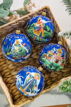 Набор стеклянных шаров ЦАРЕВНА-ЛЯГУШКА, расписной, синий, 85 мм, 4 шт, стекло, Елочка