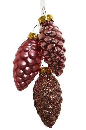 Ёлочное украшение-гроздь ШИШЕЧКИ НА ЛЕНТОЧКАХ, розовый бархат, стекло, 10 см, подвеска, Kaemingk
