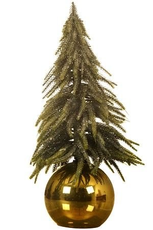 Настольная елка ЭКВИЛИ на золотом шаре, зелёная с блестками, хвоя - литая 100%, 38 см, Kaemingk