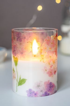 Свеча светодиодная восковая в стакане ВЕСЕННИЙ ПРОВАНС, розовые цветы, мерцающий огонек, "натуральный" фитилек, 10 см, батарейки, Peha Magic