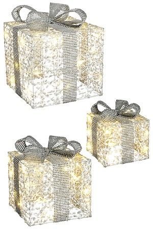 Светящиеся подарочные коробки СЕРЕБРЯНОЕ ОЧАРОВАНИЕ, тёплые белые мини LED-огни, набор 3 шт., батарейки, Edelman