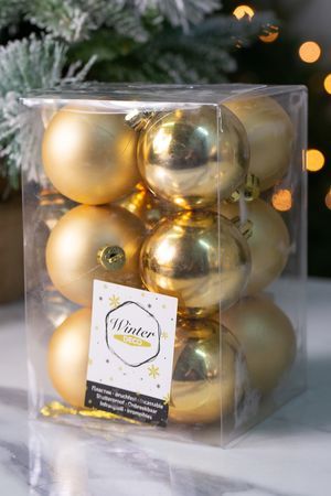 Набор однотонных пластиковых шаров глянцевых и матовых, цвет: золотой, 60 мм, упаковка 12 шт., Winter Deco