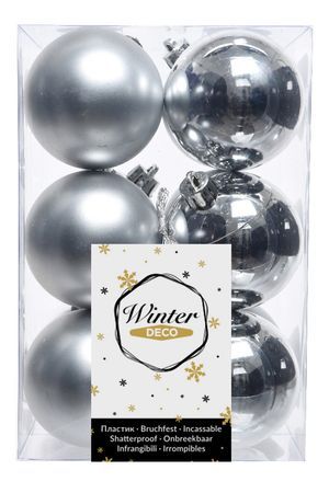 Набор однотонных пластиковых шаров глянцевых и матовых, цвет: серебряный, 60 мм, упаковка 12 шт., Winter Deco