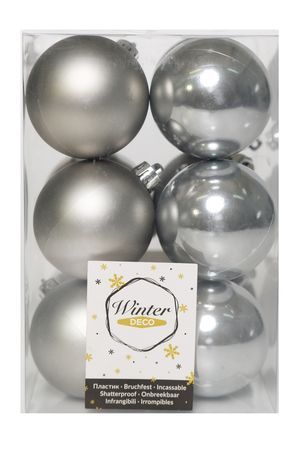 Набор однотонных пластиковых шаров глянцевых и матовых, цвет: серый мрамор, 60 мм, упаковка 12 шт., Winter Deco