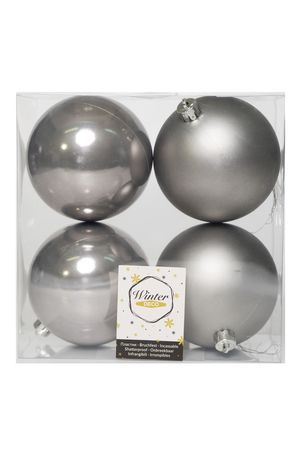Набор однотонных пластиковых шаров глянцевых и матовых, цвет: серый мрамор, 100 мм, упаковка 4 шт., Winter Deco
