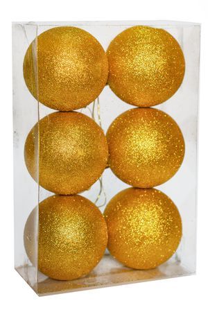 Набор однотонных пластиковых шаров, глиттер, золотой, 80 мм, упаковка 6 шт., Winter Deco