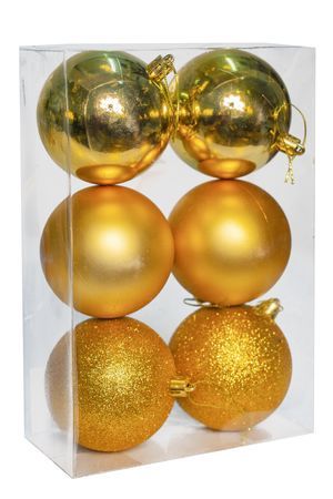 Набор однотонных пластиковых шаров, глянцевый, матовый, глиттер, золотой, 80 мм, упаковка 6 шт., Winter Deco
