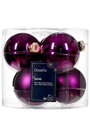 Набор стеклянных шаров глянцевых и матовых, цвет: фиолетовый, 80 мм, упаковка 6 шт., Winter Deco