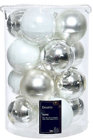 Набор стеклянных шаров Коллекция ЗИМНЕЕ СЕРЕБРО, глянцевые, матовые и эмаль, 80 мм, 16 шт., Winter Deco