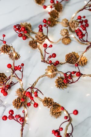 Декоративная гирлянда из шишек ЛЕСНОЕ ЧУДО с красными ягодами, 55 тёплых белых микро LED-огней, 5+3 м, Kaemingk