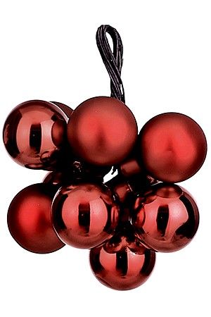 ГРОЗДЬ стеклянных матовых и глянцевых шариков на проволоке, 10 шаров по 20 мм, цвет: рубиново-гранатовый, Christmas Deluxe