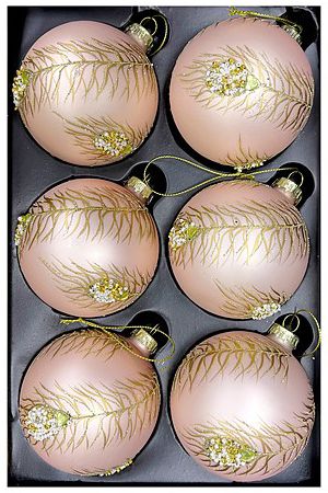 Набор стеклянных ёлочных шаров ПОДАРОК ЗОЛОТОГО ПАВЛИНА, нежно-розовый, 8 см (упаковка 6 шт.), Christmas Deluxe