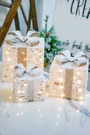 Набор декоративных подарочных коробок ПРЕЗАН: СИНЕЛЬ, тёплые белые LED-огни, 17-30 см, 3 шт., батарейки, таймер, Koopman International