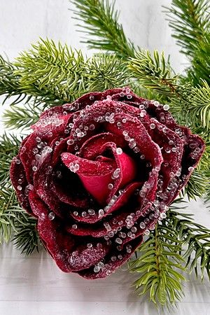 Искусственная роза ЛЕДЯНАЯ РОСА на клипсе, полиэстер, бордовая, 18 см, Christmas Deluxe