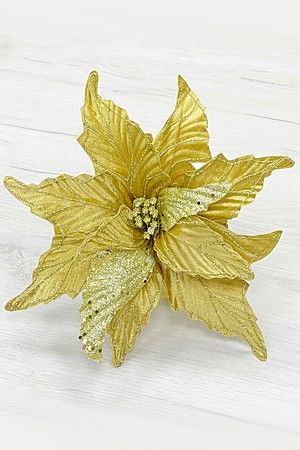 Пуансеттия ВЕЛЛЮТО на клипсе, полиэстер, золотая, 30 см, Christmas Deluxe