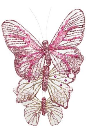 Декоративные бабочки ВОЗДУШНАЯ КРАСОТА на клипсе, текстиль, розовые, 11-14 см, 3 шт., Kaemingk