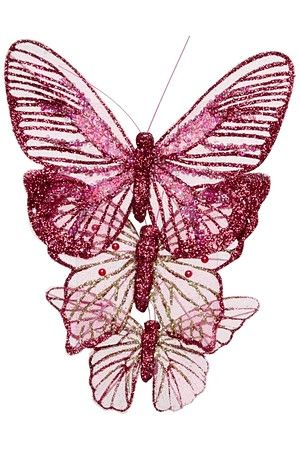 Декоративные бабочки ВОЗДУШНАЯ КРАСОТА на клипсе, текстиль, тёмно-розовые, 11-14 см, 3 шт., Kaemingk