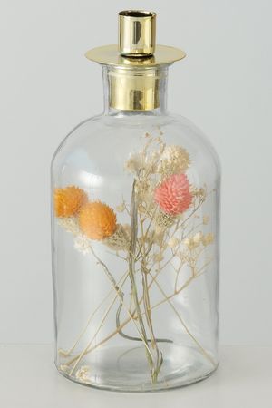 Декоративный подсвечник-бутылка ЭРБАРИО - ПОЛЕВЫЕ ТРАВЫ, стекло, металл, сухоцветы, 23х10 см, Boltze