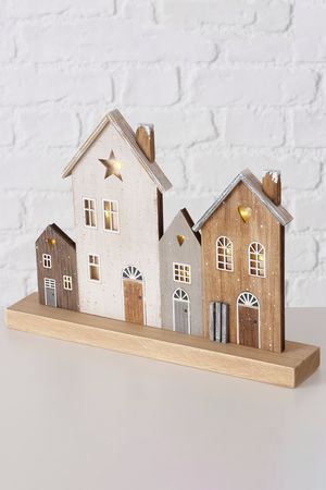 Интерьерное украшение СВЕТ В ОКОШКАХ ДОМИКОВ МИТТЕНВАЛЬДА, дерево, тёплые белые LED-огни, 28х23 см, таймер, батарейки, Boltze