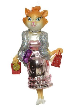 Ёлочная игрушка СВЕТСКАЯ КОШЕЧКА в розовом наряде, стекло, 17 см, Kaemingk