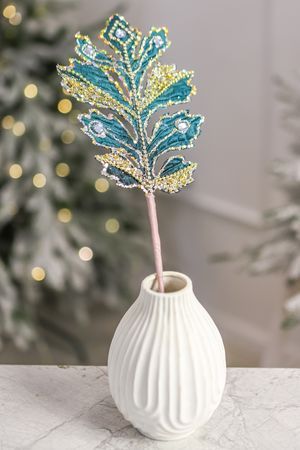 Декоративная ветка ДУБОВЫЙ ЛИСТ, полиэстер, голубой, 39 см, Winter Deco